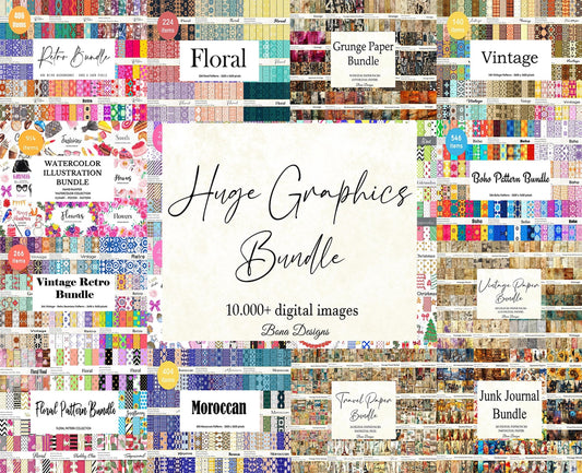 Mega Graphics Bundle, Digital Paper, Junk Journal Kit (11,744 Files)