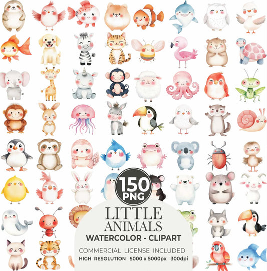 Premium Watercolor Cute Animals Clipart - 150 PNGs